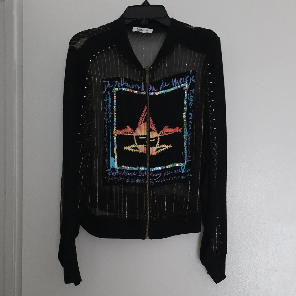 West 36 Black Sheer Silk Zipper Up Top Jacket with Graphic Design Used Like New
